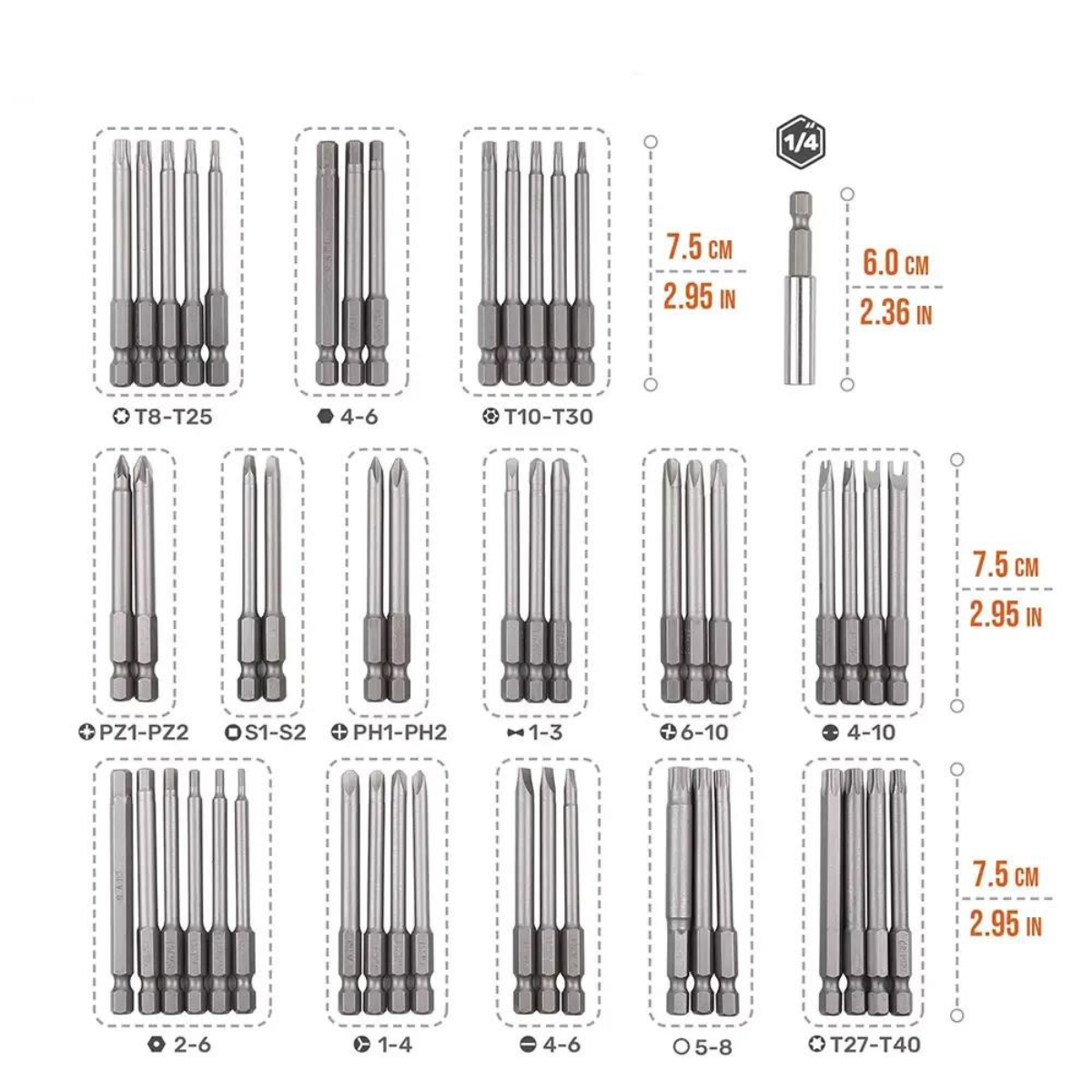 Набір магнітних насадок для викруток та шурупокрутів Socket Set довгі біти у кейсі 50 шт. 75 мм (ES-50-Blue) - фото 4
