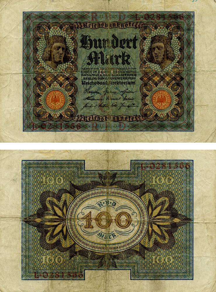 Коллекционная банкнота Германия 100 марок 1920 VG-VF P69 (Б13206) Коллекционная банкнота Германия 100 марок 1920 VG-VF P69 (Б13206)