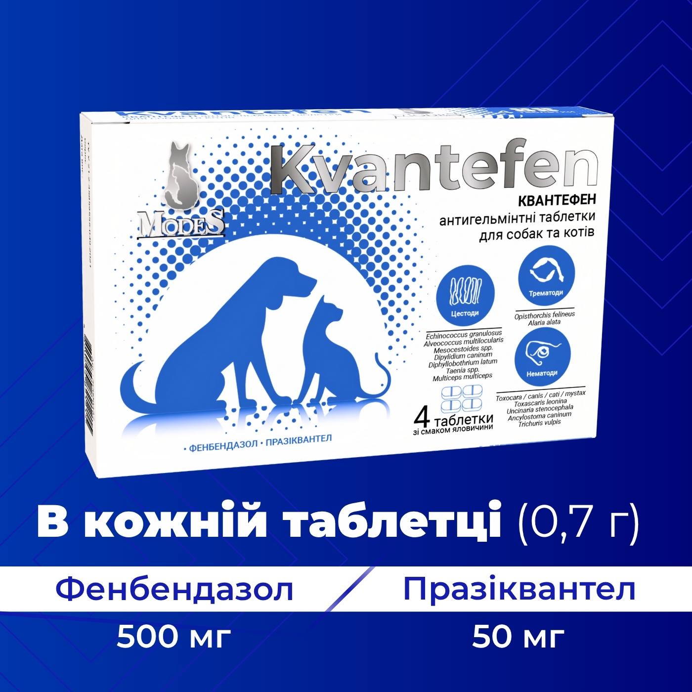 Таблетки антигельмінтні Kvantefen для собак та котів 1 таб на 10 кг 4 табл. (27850165) - фото 2 Таблетки антигельмінтні Kvantefen для собак та котів 1 таб на 10 кг 4 табл. (27850165) - фото 2