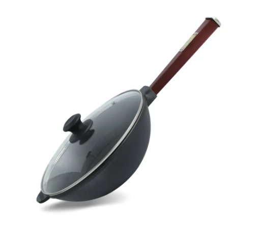 Сковорода чугунная Brizoll WOK с деревянной ручкой и стеклянной крышкой 2,2 л Bordo (W24HP2-6)