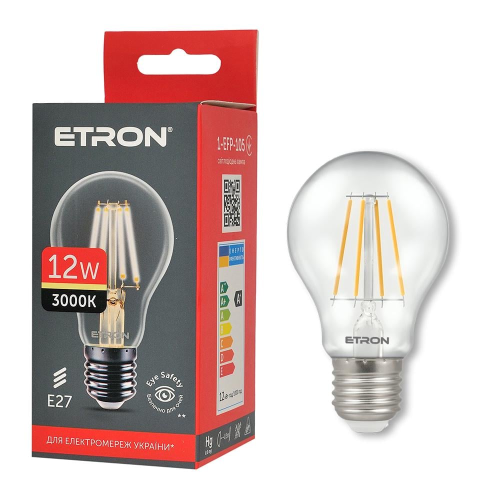 Світлодіодна лампа філаментна ETRON Filament 1-EFP-105 A60 12W E27 3000K Прозорий (13975)