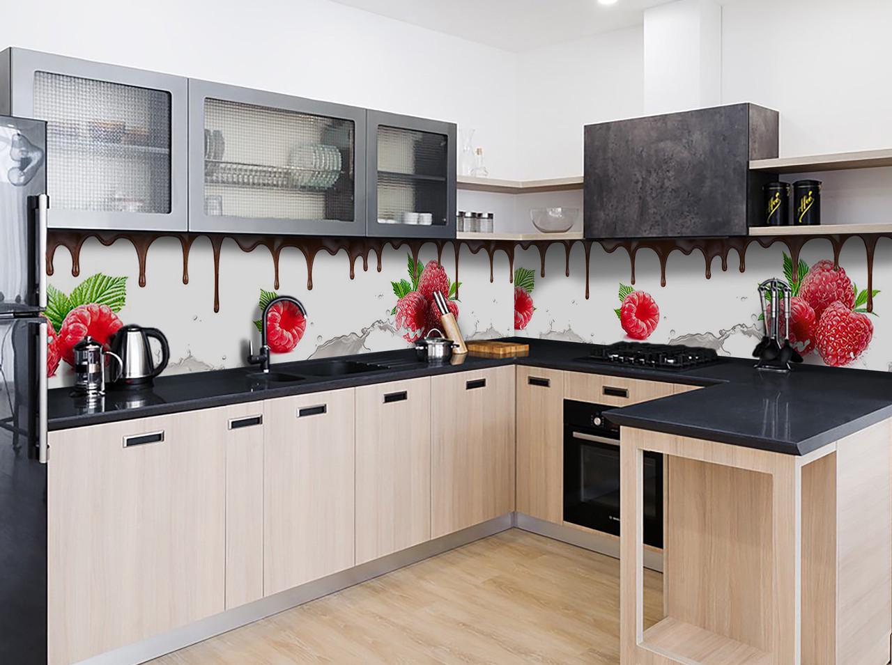 Кухонный фартук Малина/шоколад/красные ягоды из самоклеющейся виниловой пленки 60х300 см Белый