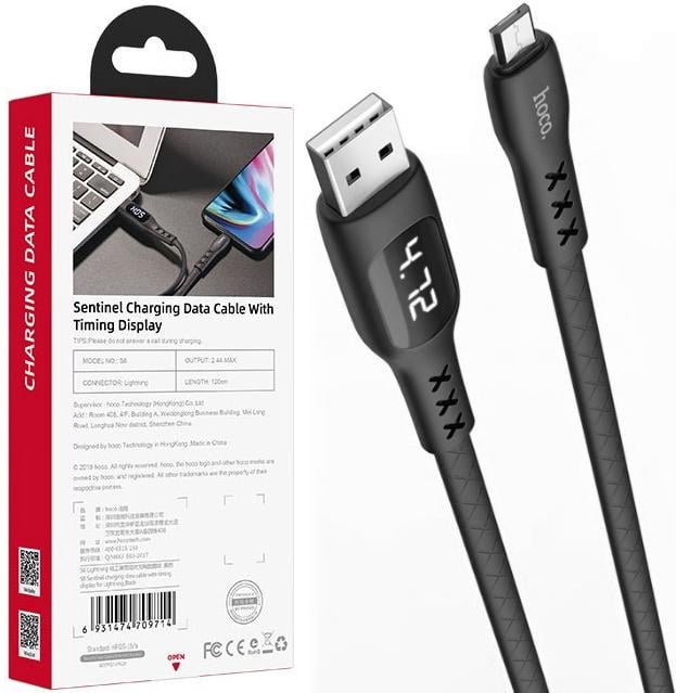 Кабель Hoco S6 USB-microUSB с индикатором напряжения 1,2 м Black (25105)