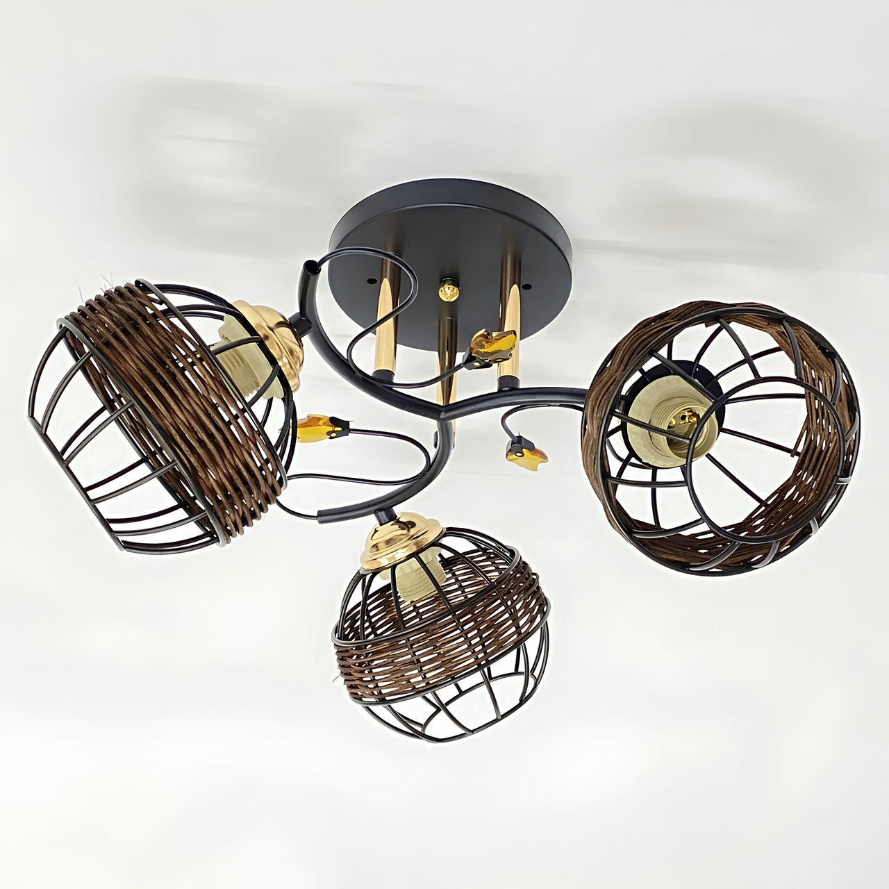 Люстра Valeso на три металлических плафона с плетением из ротанга под лампы E27 Черный (91188A/3)