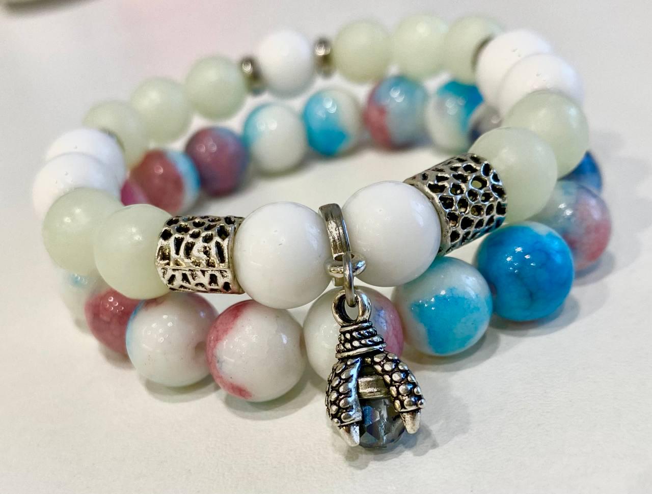 Браслет LITAURS из натурального камня белый агат/нефрит и бусинами, светящимися в темноте L 18-21 см 2 шт. (250704-1)