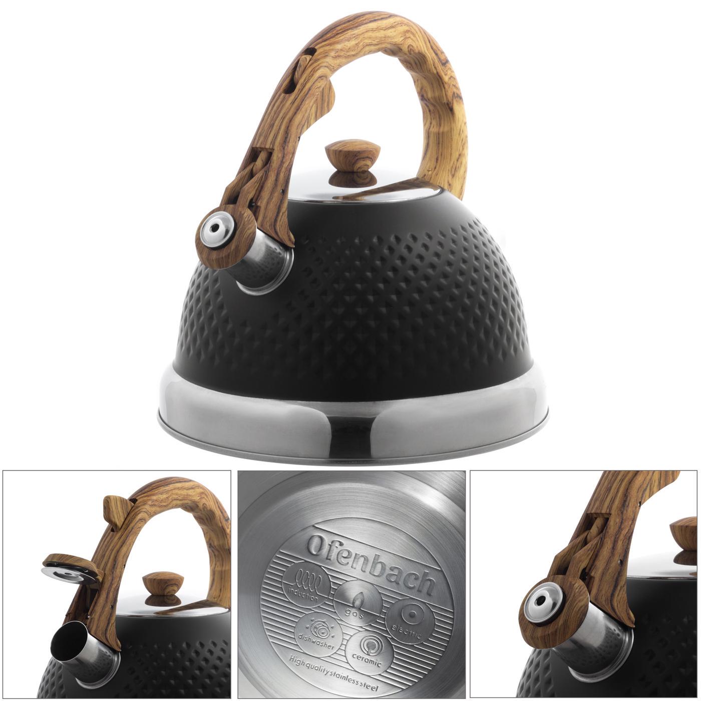 Чайник со свистком и ручкой с покрытием soft touch под дерево Ofenbach KM-100305 из нержавеющей стали 2,7 л Черный (150-84-100305.1) - фото 2