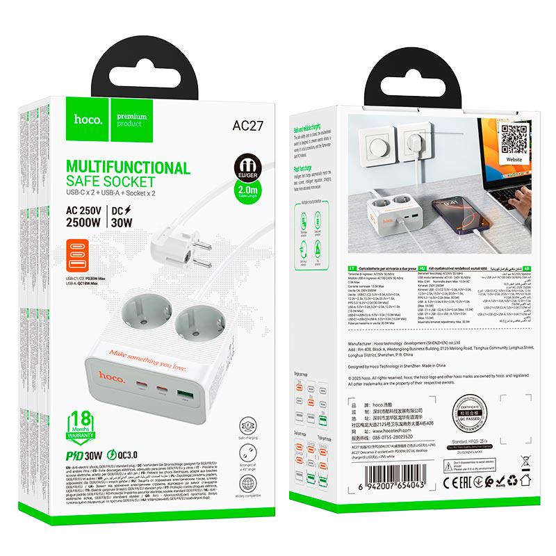 Подовжувач мережевий Hoco AC27 Descanso 2 м White (28155071) - фото 4