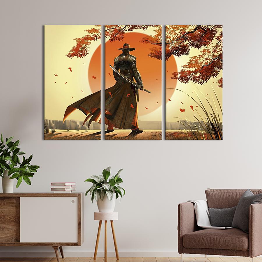 Модульная картина триптих Самурай в шляпе на фоне солнца 156x100 см (684-31)