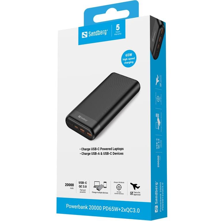 Повербанк Sandberg PD 65W 3A QC3.0 20000 mAh USB 2хType-C OUT (420-62) - фото 4