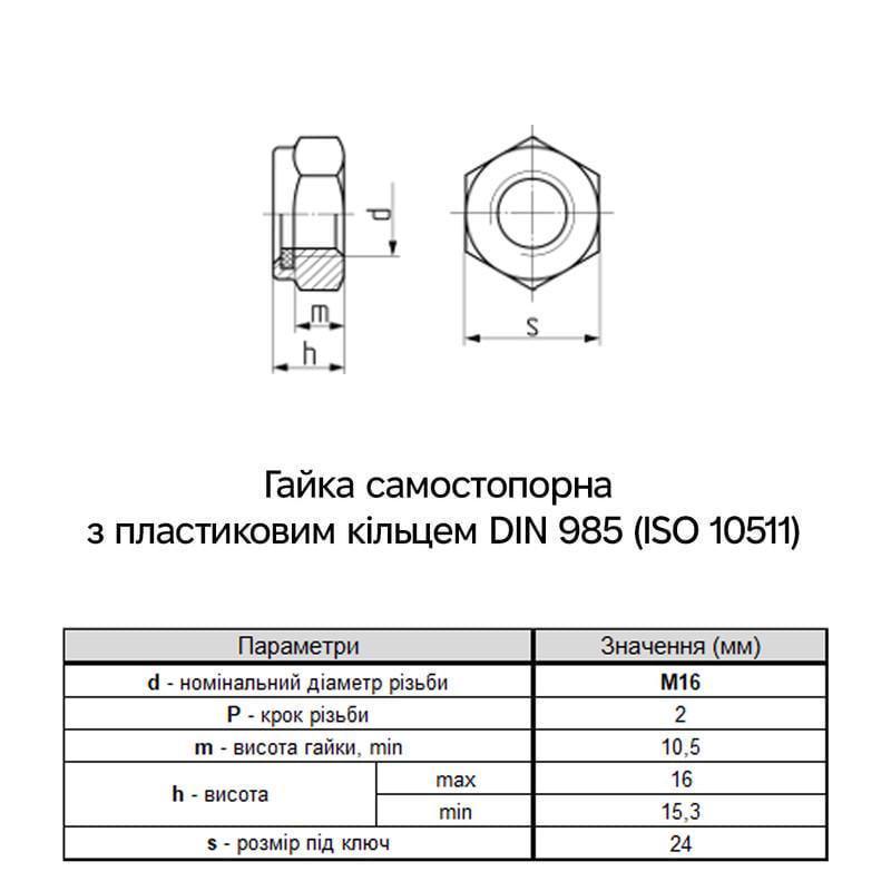Гайка самостопорная Metalvis М16 DIN985 сталь 10 шаг 2 под ключ 24 мм цинк 10 шт. Белый (6P20000006P1620004) - фото 2