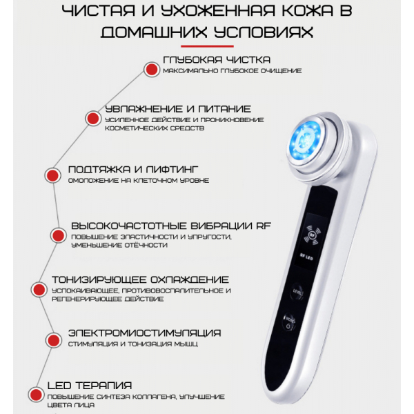 Микротоковый массажер для лица с функцией rf + ems + led терапия и охлаждение Белый - фото 6