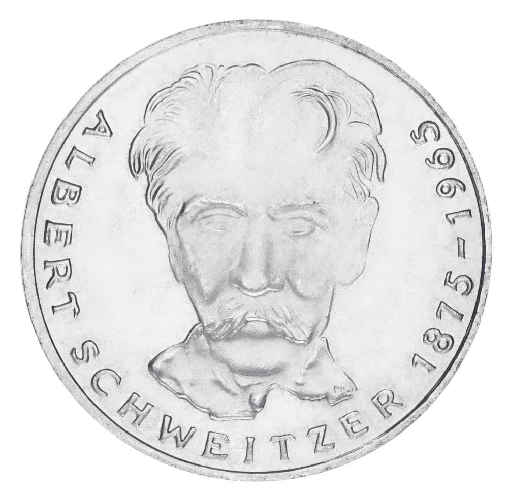 Коллекционная монета Германия 5 марок 1975 серебро F-VF 100 лет со дня рождения Альберта Швейцера Ag 625 11,2 г (М19823)