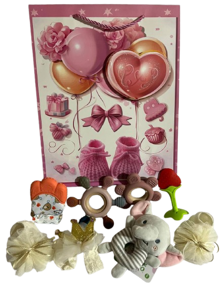 Набір новонародженому пов'язка корона на голову пінетки брязкальце гризунок пакет Рожевий (1257)