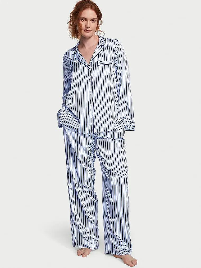 Піжама сорочка/штани сатинова Victoria's Secret Satin Long Pajama смужка Set S Блакитний (26748397)