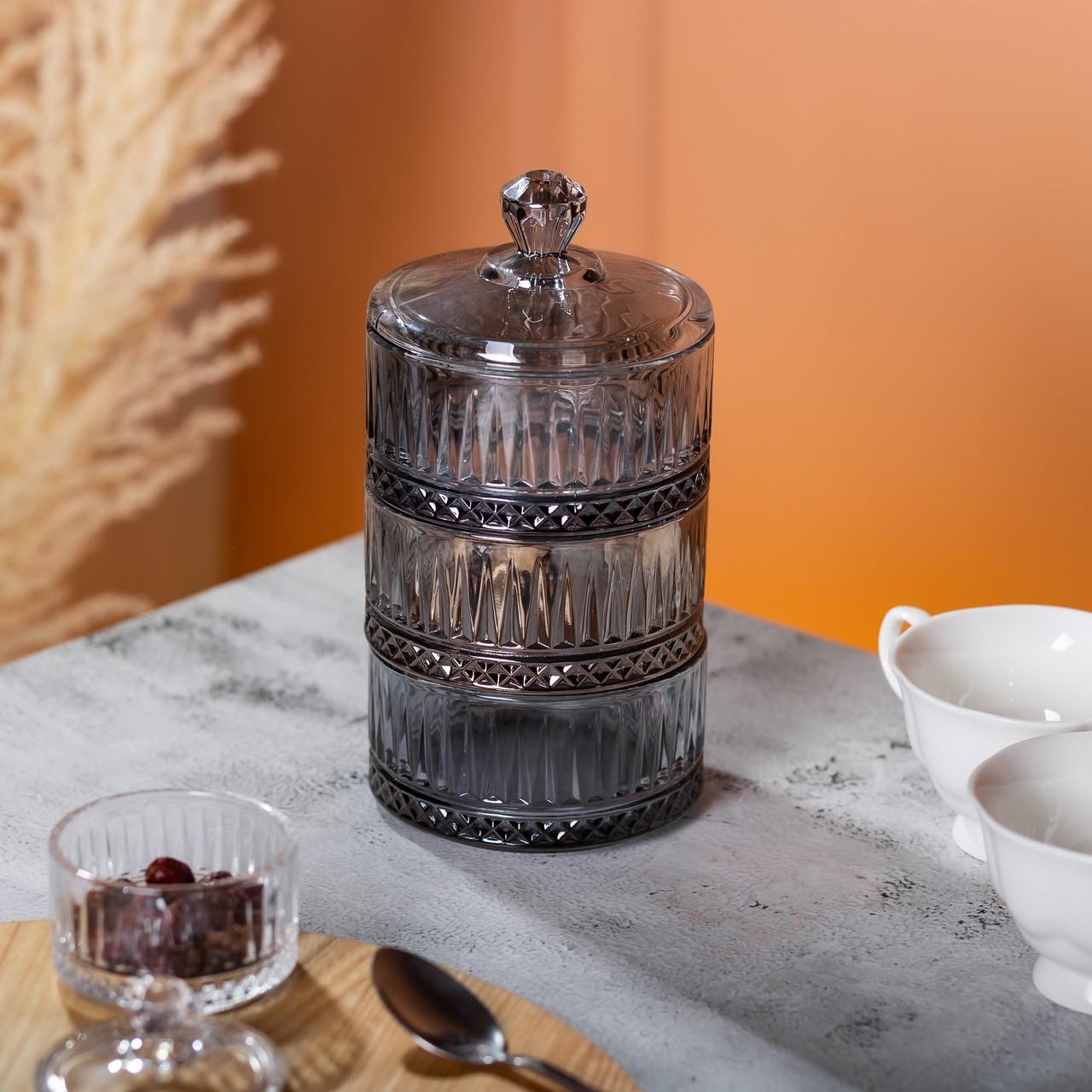 Конфетница трехуровневая стеклянная с крышкой Ø 10 см Серая (HP-YH-76) - фото 5