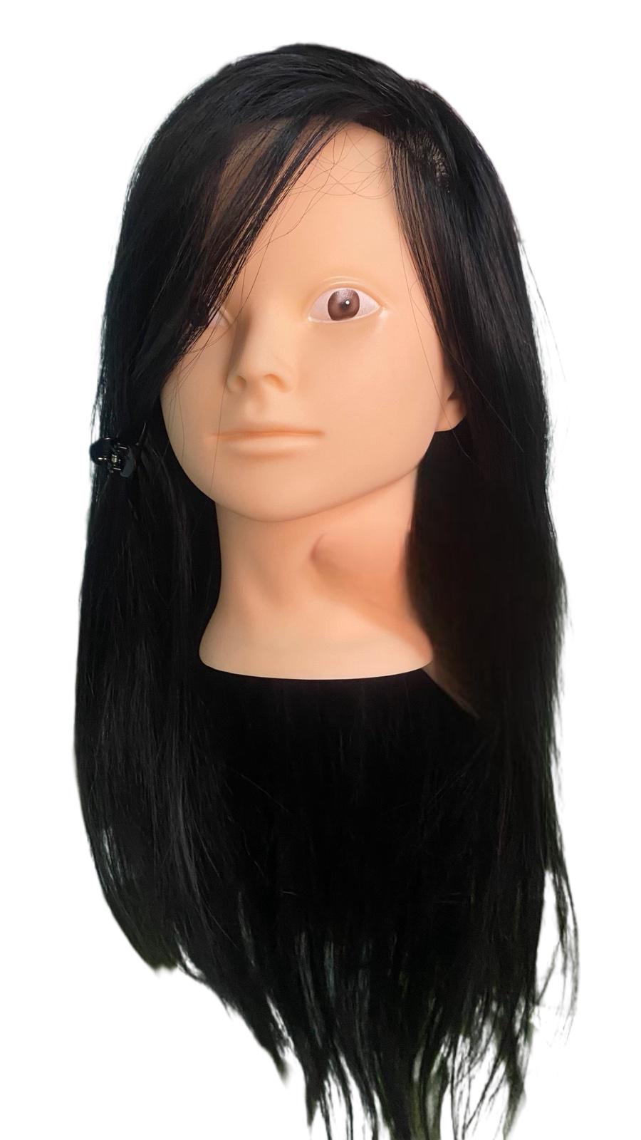 Навчальна голова-манекен для створення зачіски/нарощування/макіяжу 75% натурального волосся без макіяжу Чорний (боолванка чорна без макіяжу)