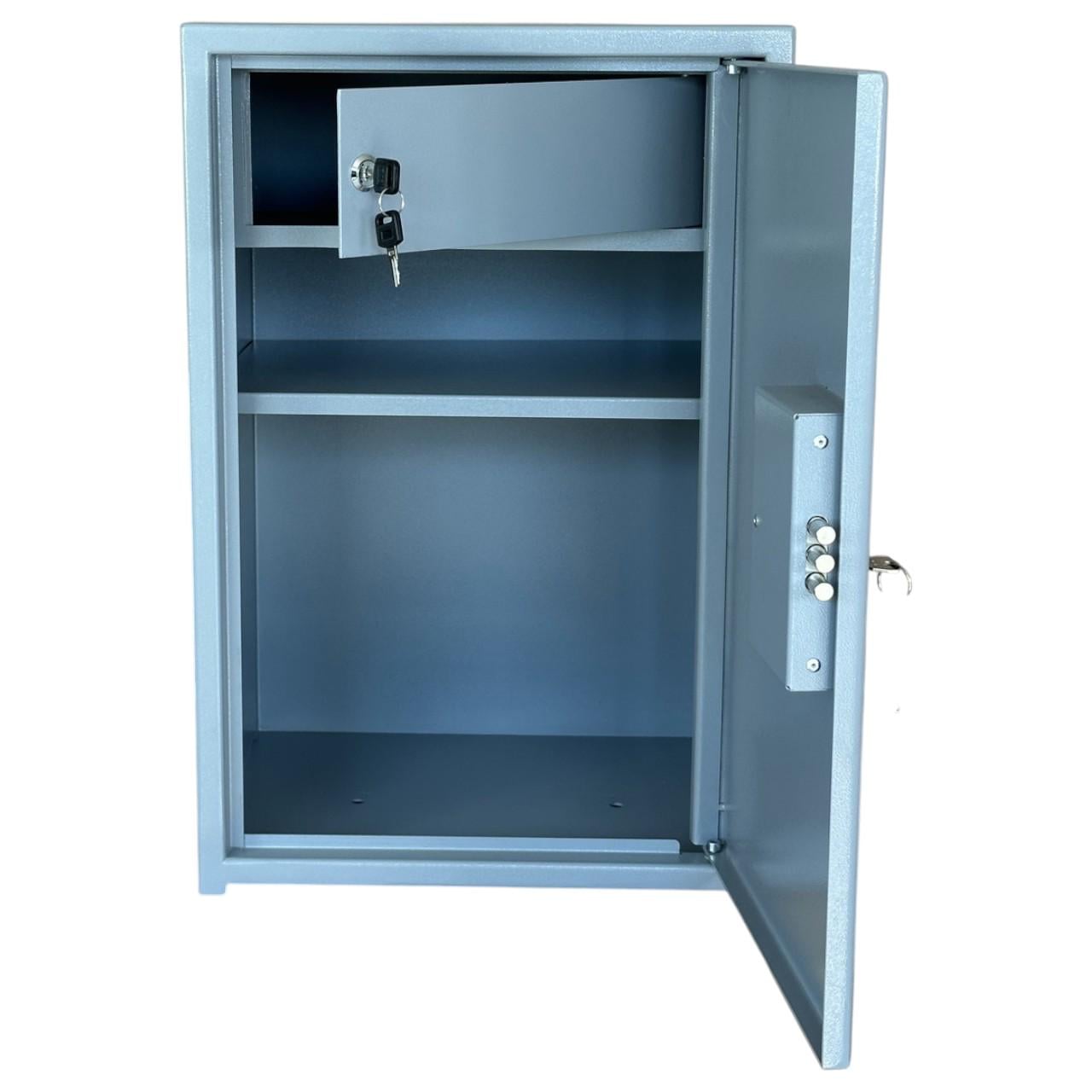 Сейф офисный СО-600К для документов и ценностей с кассовым отделением сталь 2/3 мм 60х40х35 см 28 кг Серый