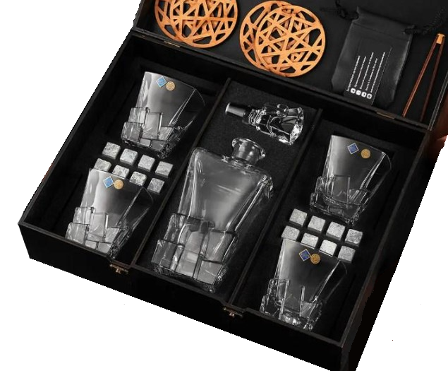Подарочный набор для алкоголя камни для виски Whiskey Stones 16 шт./4 хрустальных стакана Bohemia Crack 310 мл и графин 900 мл