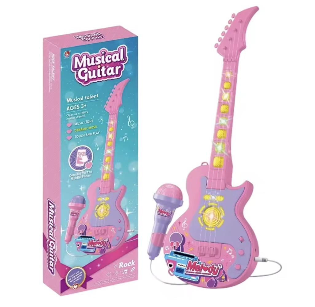 Гитара с микрофоном музыкальная детская Musical Guitar Melody свет и звук от 3 лет Розовый (2992080689)