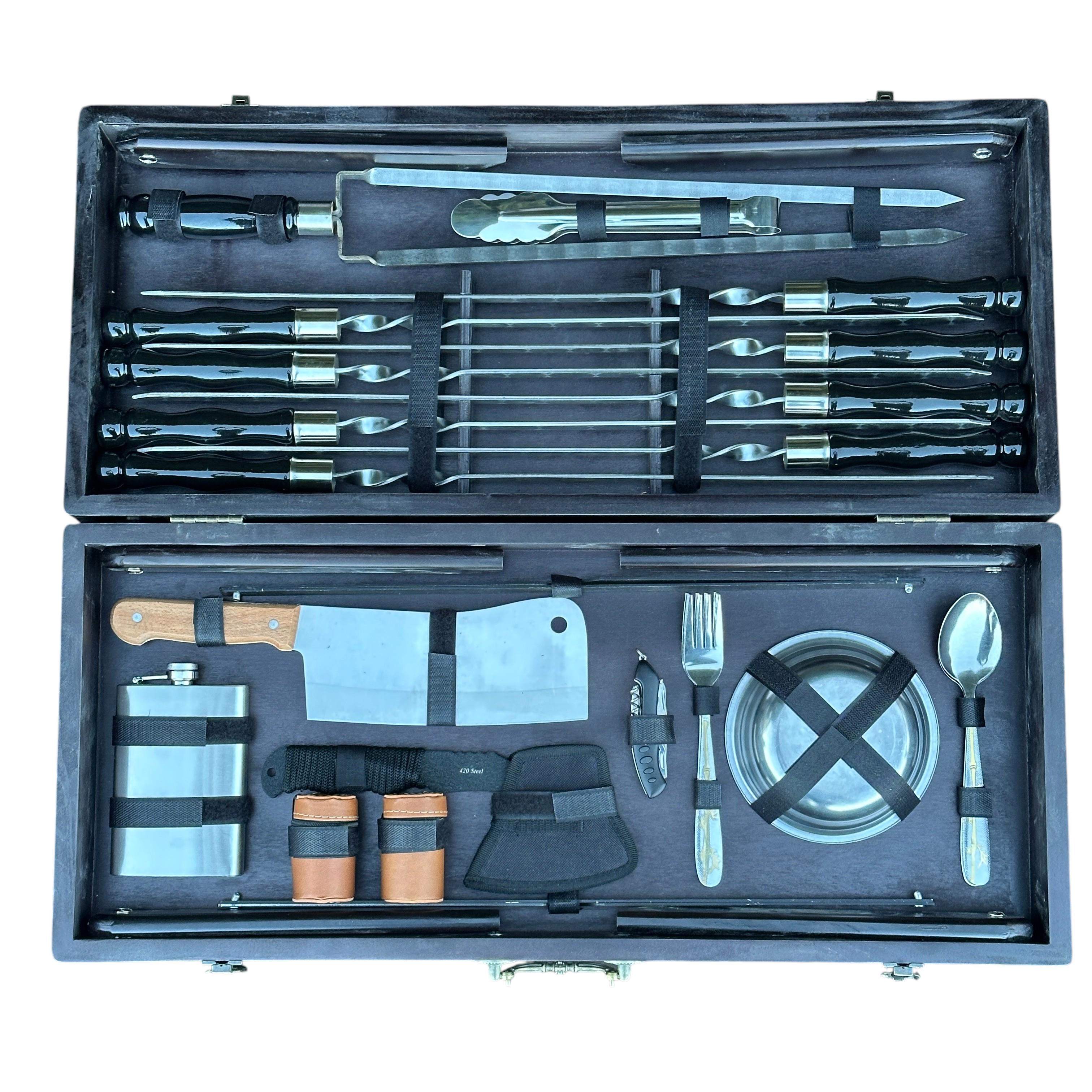 Подарочный набор шампуров Mzavod Пикник из нержавеющей стали в деревянном кейсе-стиле 680x300x110 мм Черный (136-17-1191510000051)