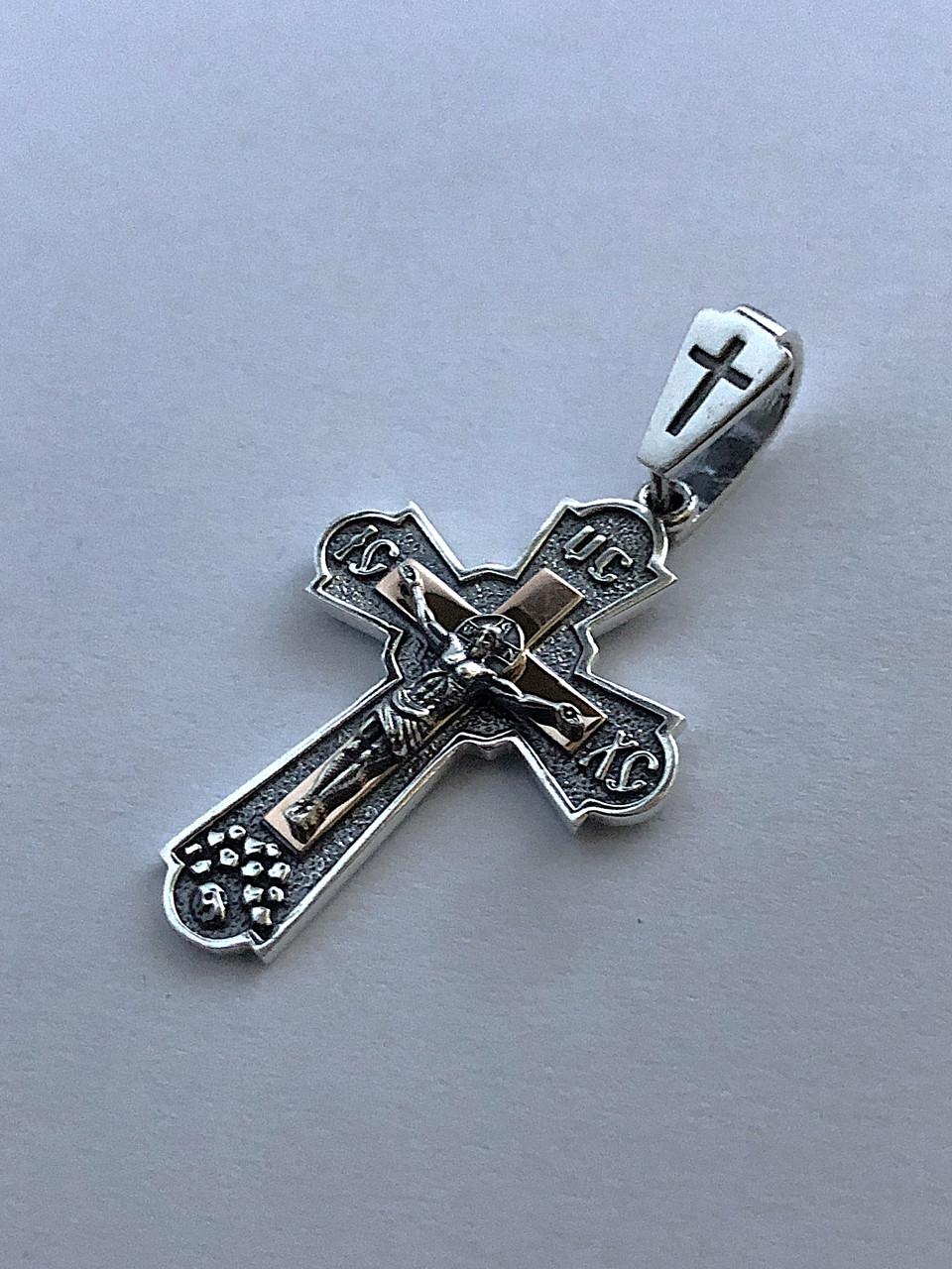 Крестик серебряный с золотыми пластинами 375 пробы мужской серебряный (КДУ-67/1)