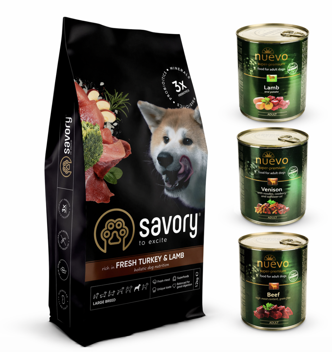 Набор корма для собак больших пород Savory с индейкой и ягненок 12 кг и консервы Nuevo 3 шт. по 800 г (4820232630242)