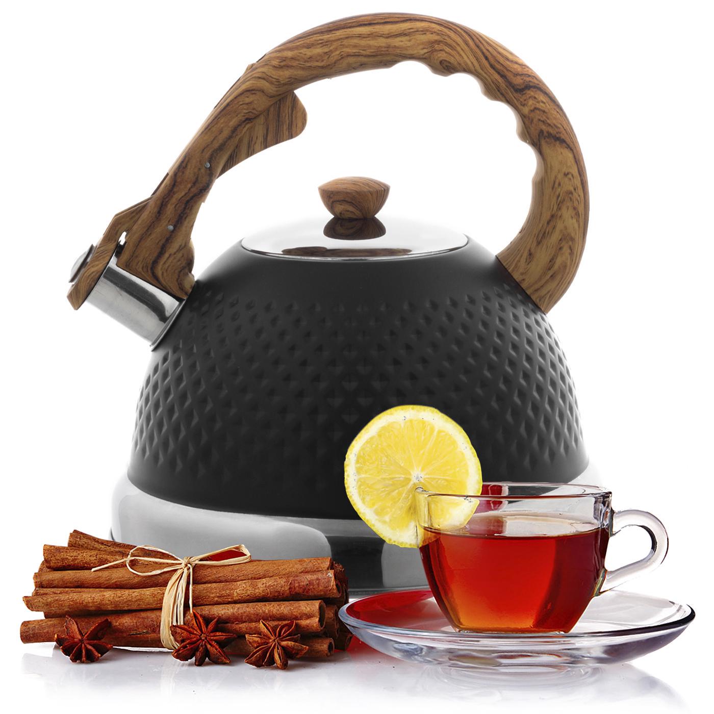 Чайник со свистком и ручкой с покрытием soft touch под дерево Ofenbach KM-100305 из нержавеющей стали 2,7 л Черный (150-84-100305.1) - фото 10