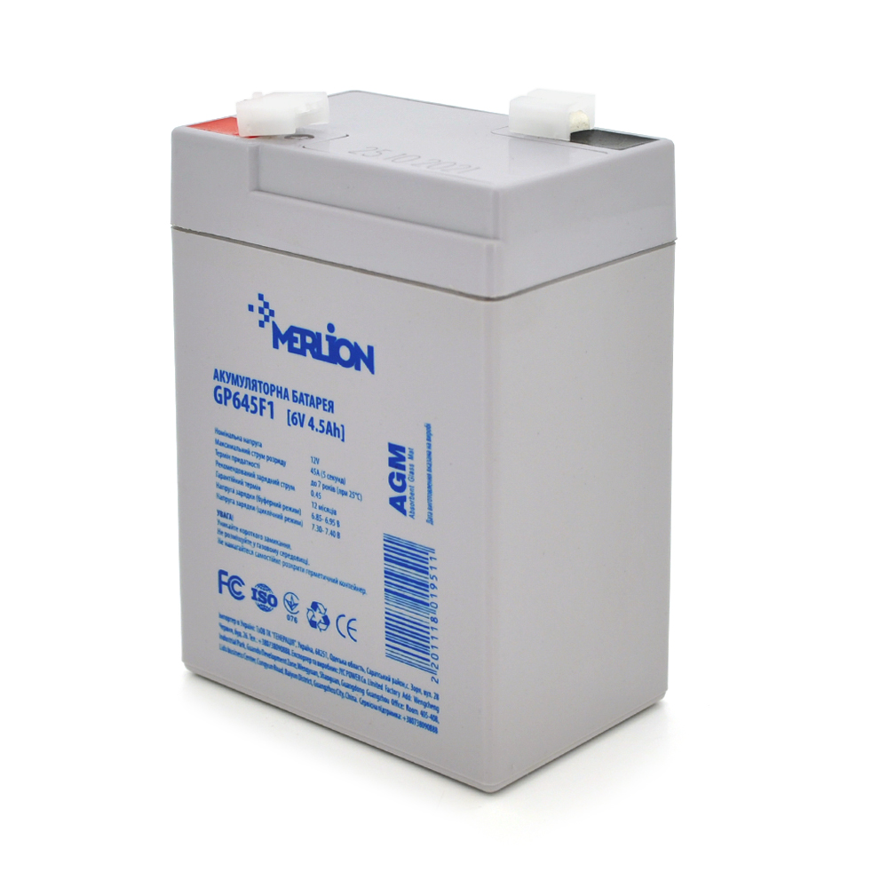 Акумулятор свинцево-кислотний Merlion agm gp645f1 6v 4,5ah 70x47x100 мм 0,665 кг White (YUT_V8942)