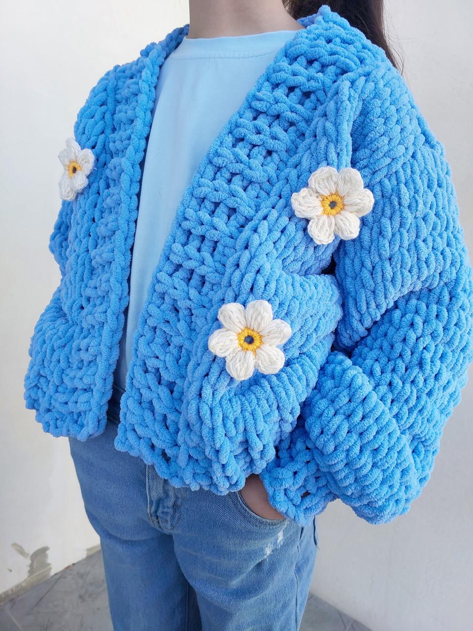 Кардиган для девочки с цветками 5-7 лет Голубой (krd-b-110-128)