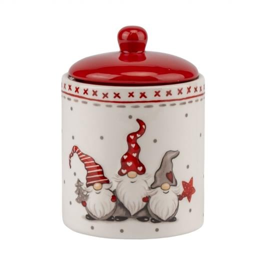 Емкость для сыпучих новогодняя Гномы керамическая 15х10 см Белый (150-81-003NG)
