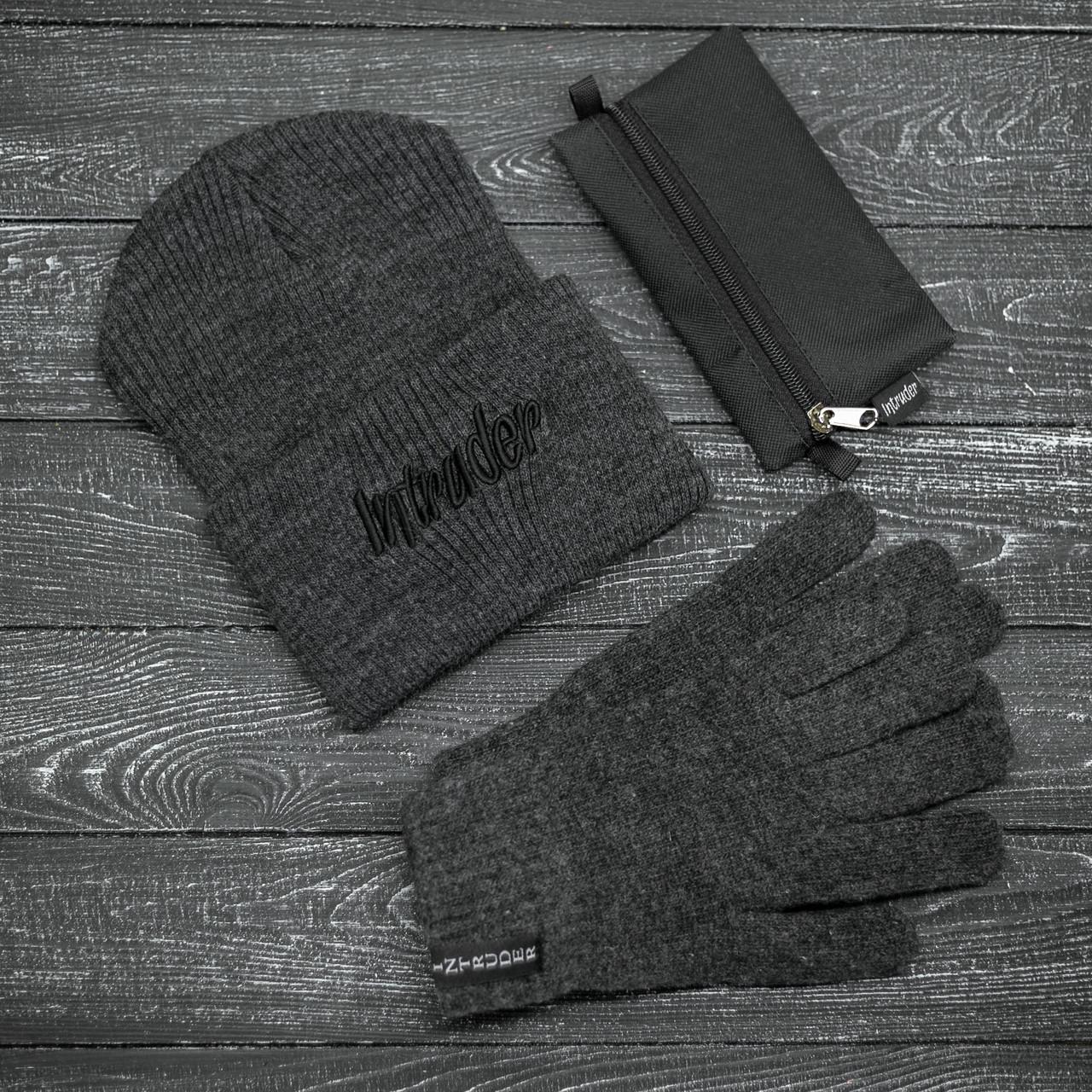 Шапка Intruder big logo унисекс зимняя с перчатками Серый