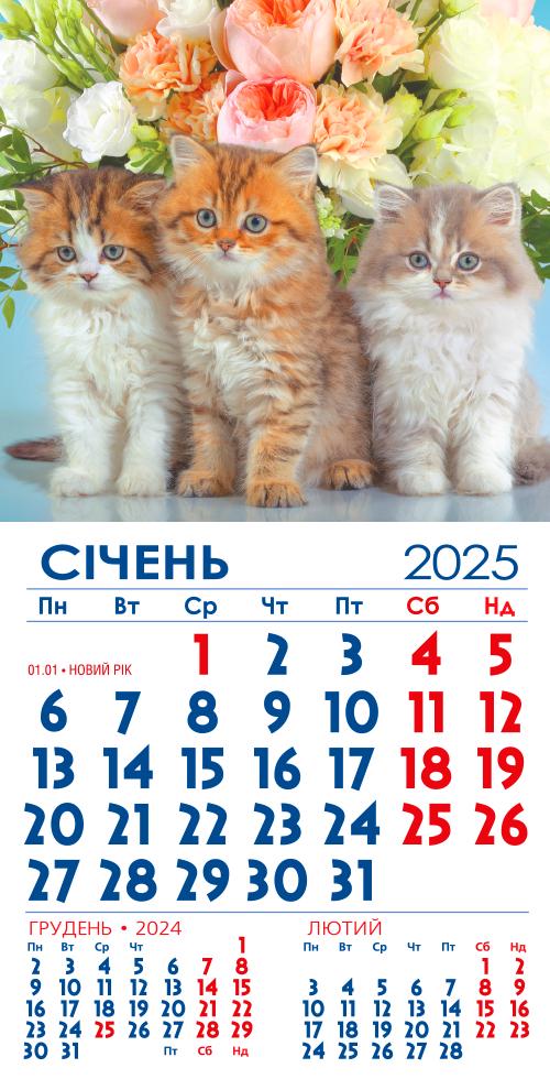 Календар на 2025 р. Магніт Тріо котиків та букет квітів