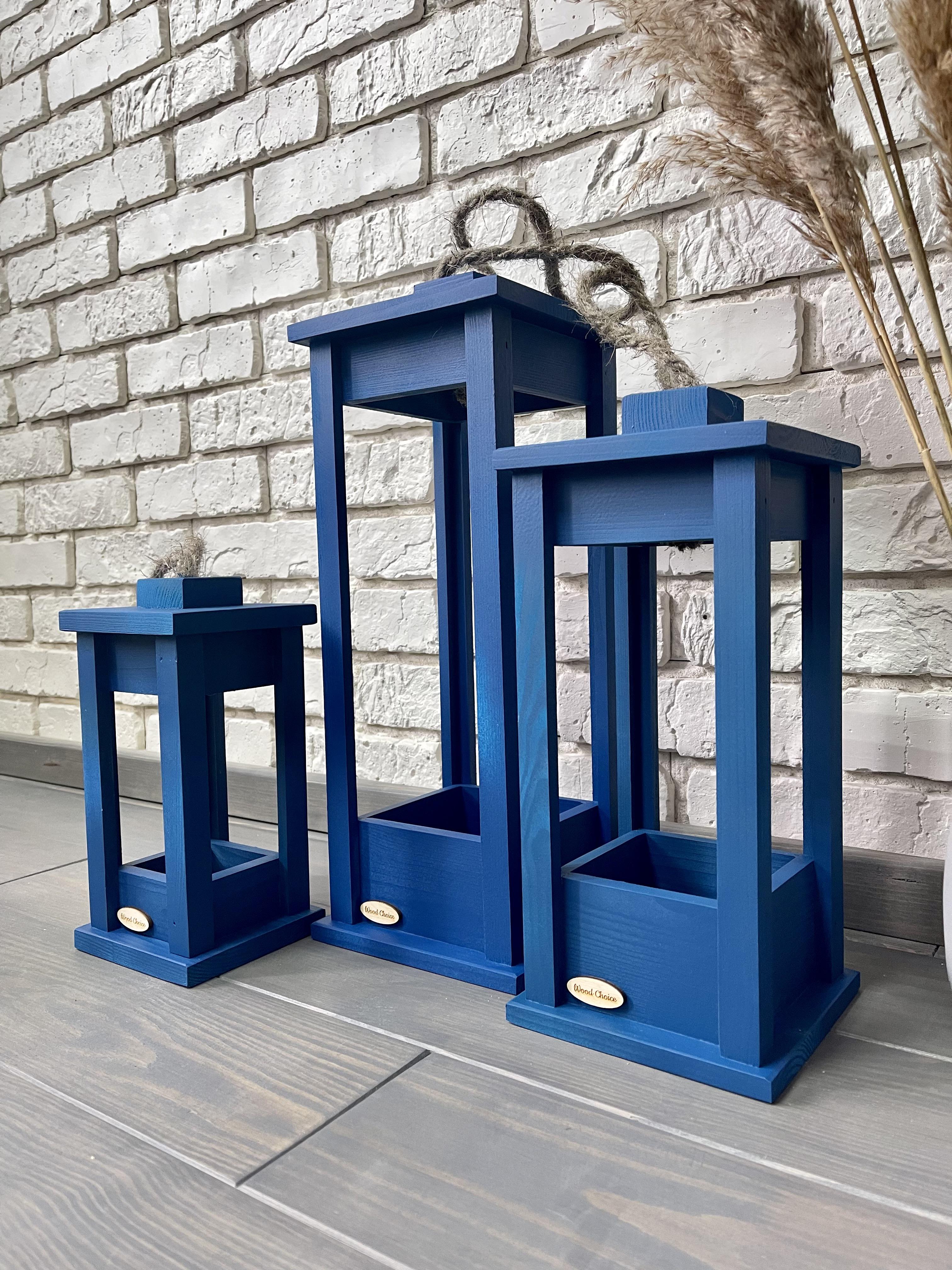 Набор подсвечников деревянные Фонари 25/35/45 см Синий