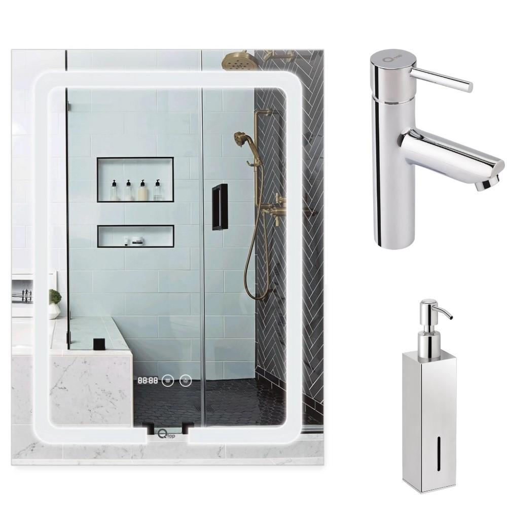 Зеркало настенное прямоугольное Q-tap Mideya LED 600х800 мм/смеситель для раковины/дозатор для жидкого мыла