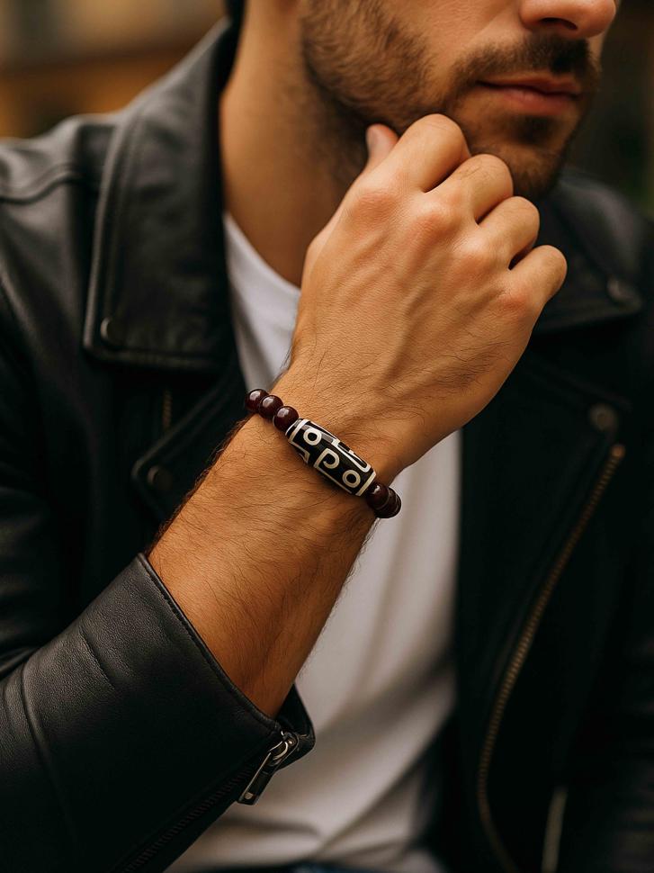 Браслет з натурального гранату та буси тибетської Дзи (4677) Браслет з натурального гранату та буси тибетської Дзи (4677)