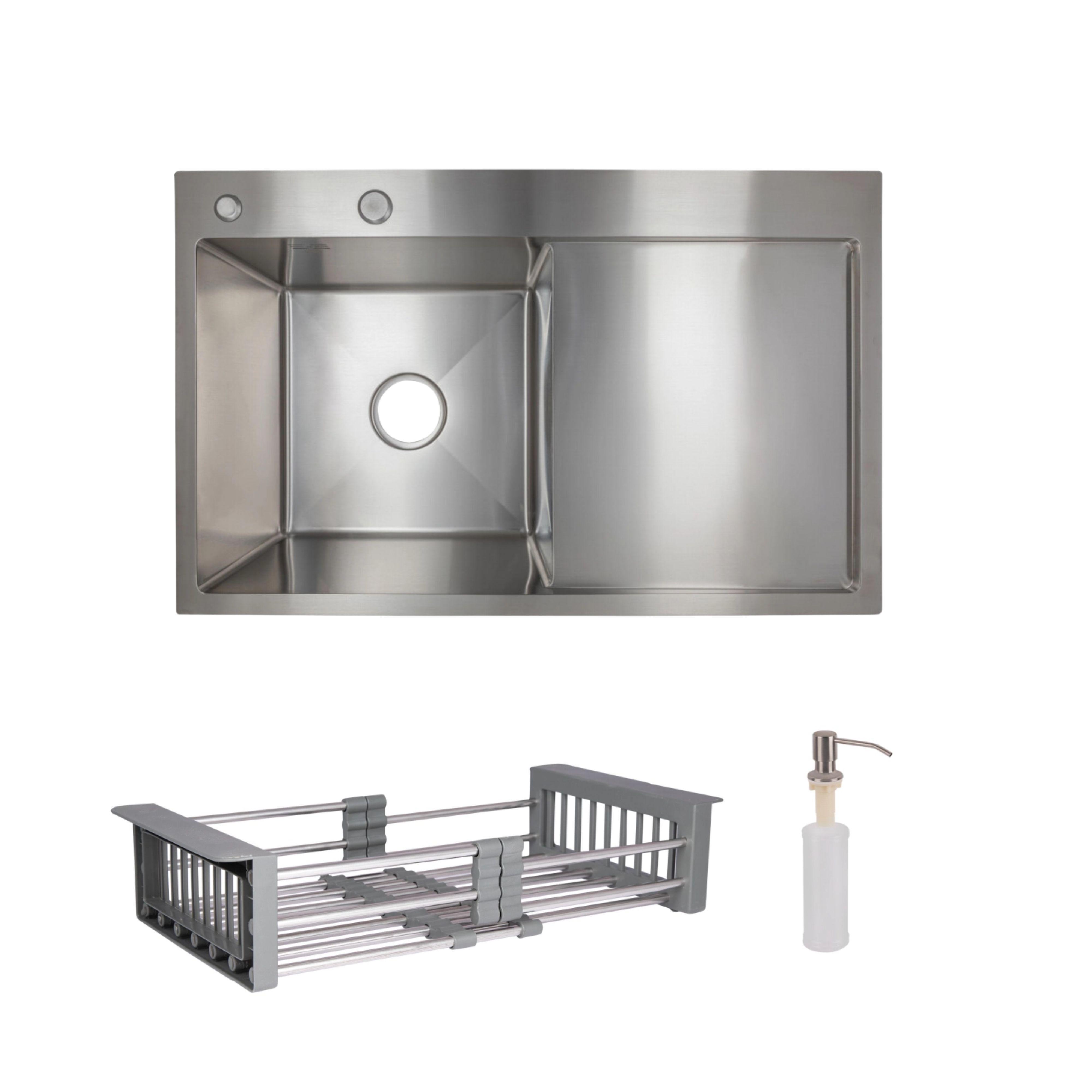 Комплект Lidz Handmade H7849R Мийка для кухні інтегрована крило праворуч Brushed з дозатором/Кошик для кухонного миття Lidz K01G
