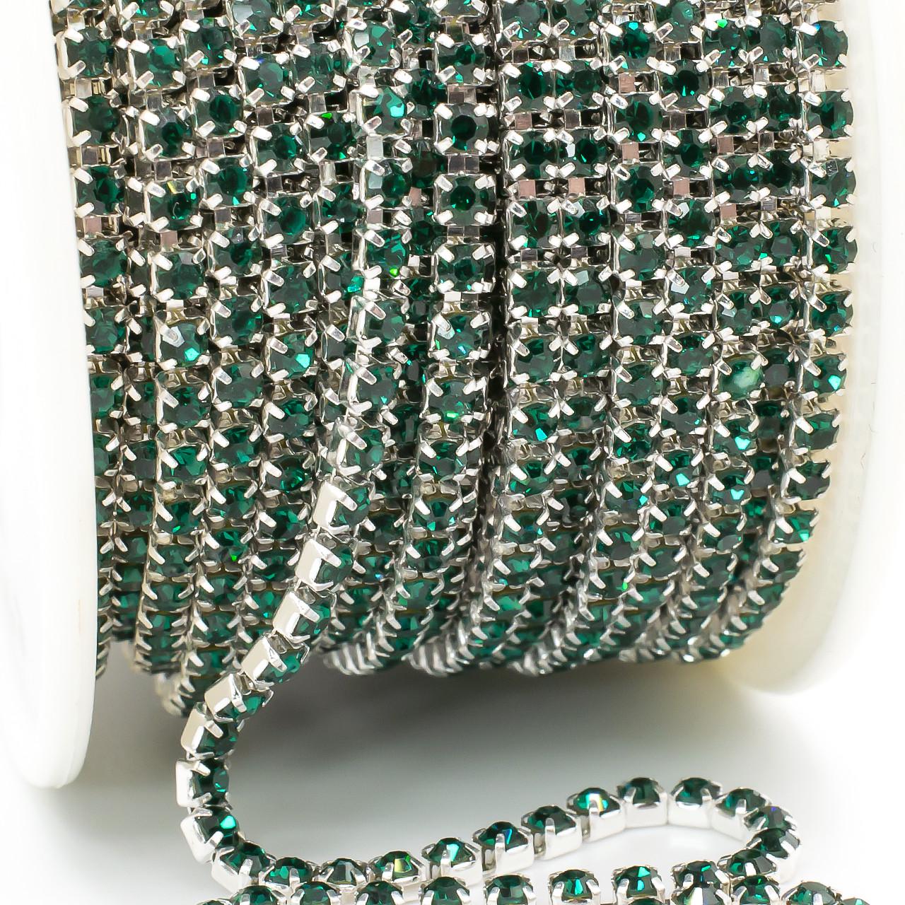 Цепь стразовая SS8 2,5 мм 1 м Emerald silver (ЦС0802с05)
