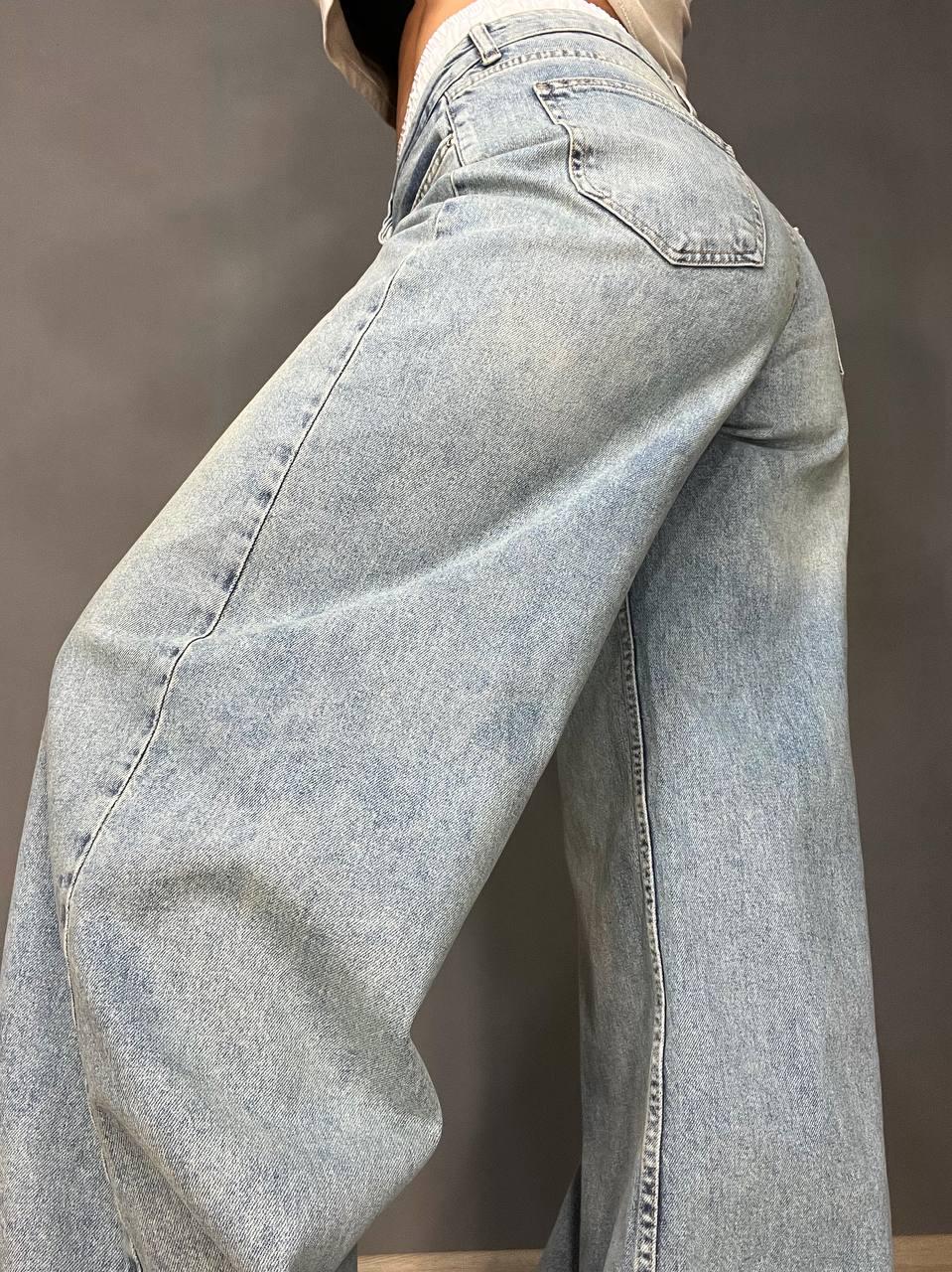 Джинси жіночі I8 162-76 PALAZZO BOXER резинка на талії широкі від стегна р. 25 Білий/Блакитний з зеленим (1955) - фото 3