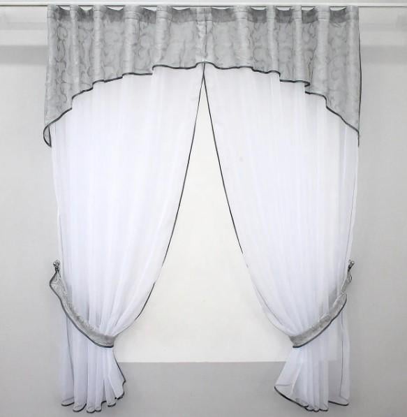 Комплект штор на кухню шифон/жаккард 275х170 см Белый/Серый (084к) Комплект штор на кухню шифон/жаккард 275х170 см Белый/Серый (084к)