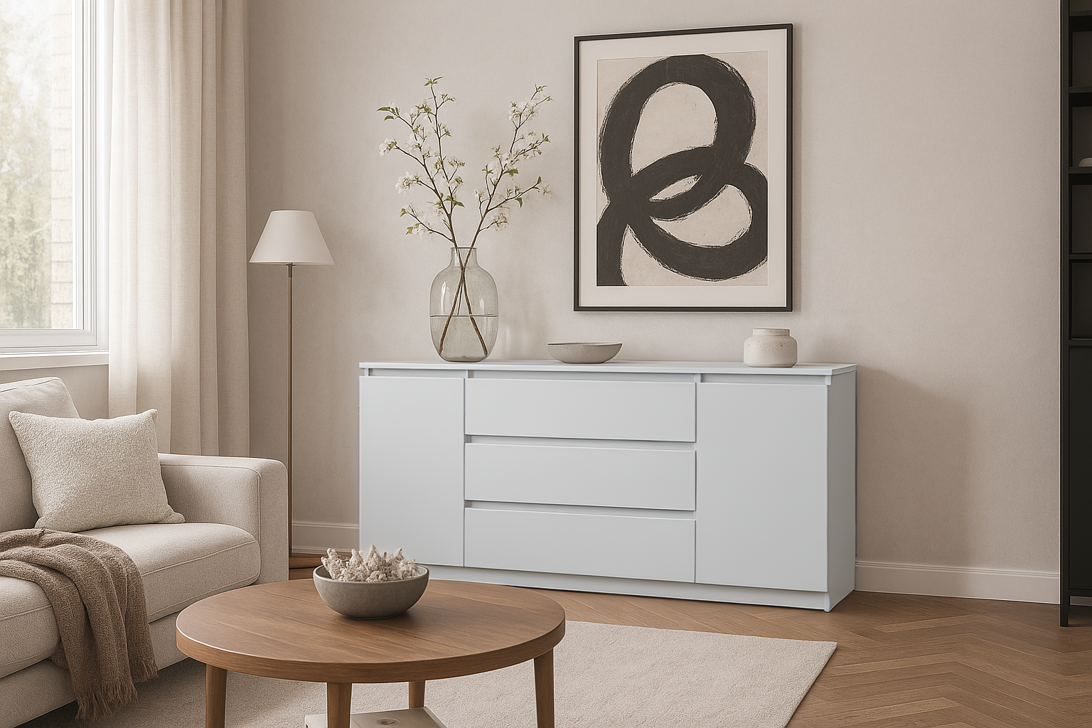 Комод MEBEX на 3 шухляди з боковими тумбами 160х40х77 см Сірий світлий (VERTO3B1600LG)