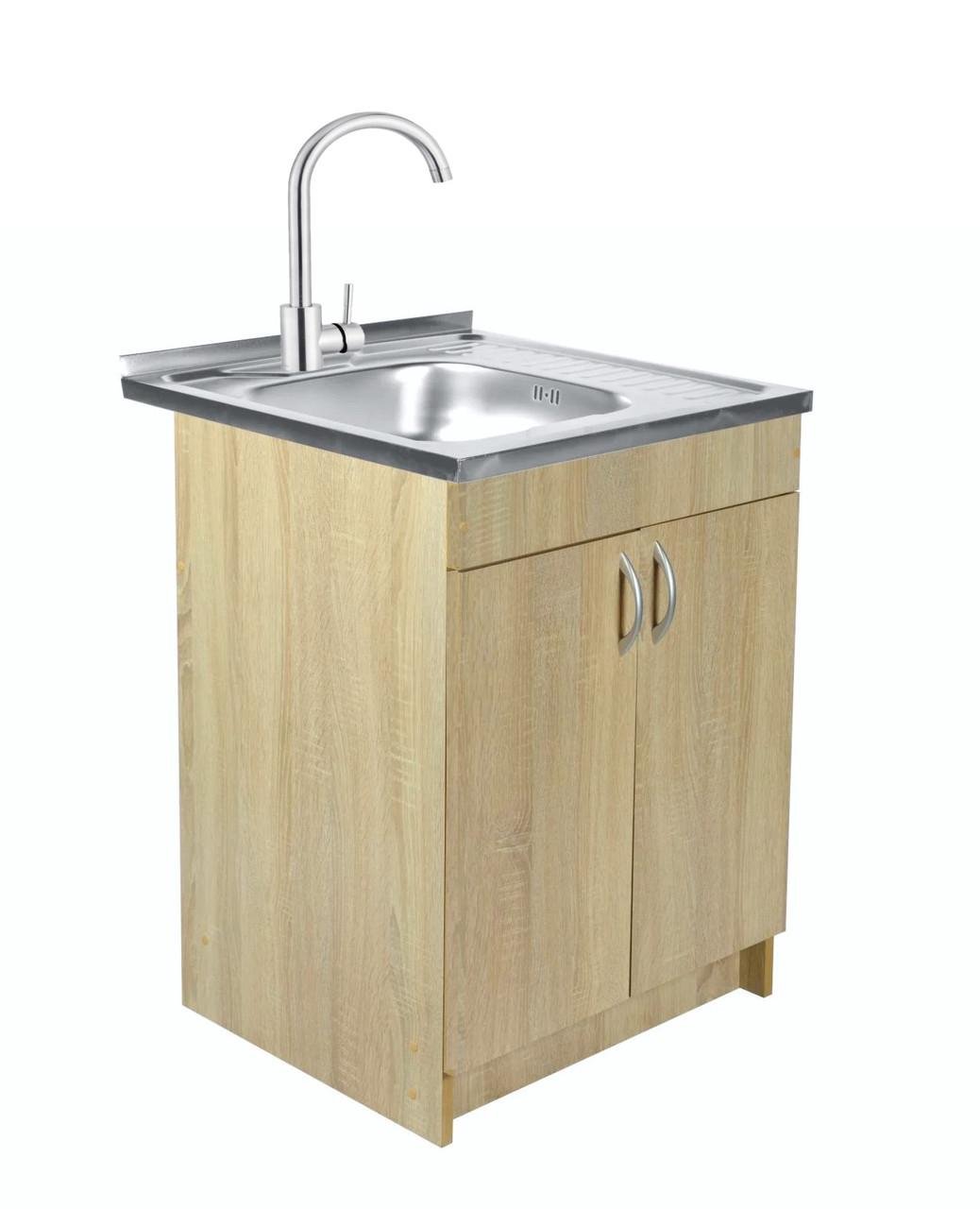 Тумба для кухни с мойкой 60×60 см левая чаша 0,6 мм нержавеющий смеситель высокий с сифоном Дуб сонома