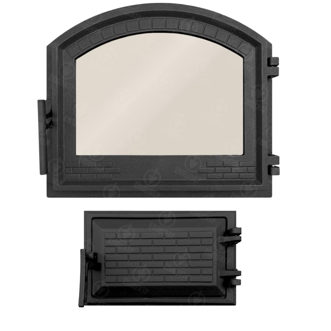 Комплект чавунних дверцят замковий з вогнетривким склом 490x420 мм/піддувальний замковий 265x165 мм - фото 2