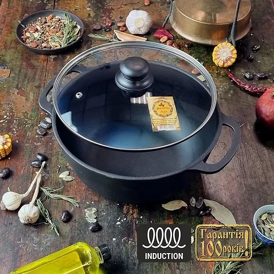 Кастрюля со стеклянной крышкой чугунная 6 л (2375012829) - фото 3