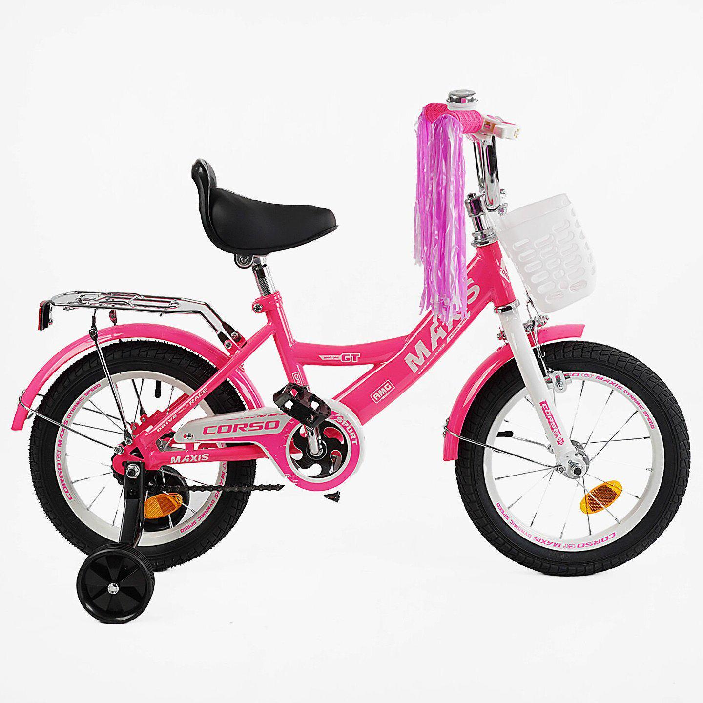 Велосипед двоколісний Corso MAXIS 14" для дівчинки з кошиком та багажником Малиновий - фото 2