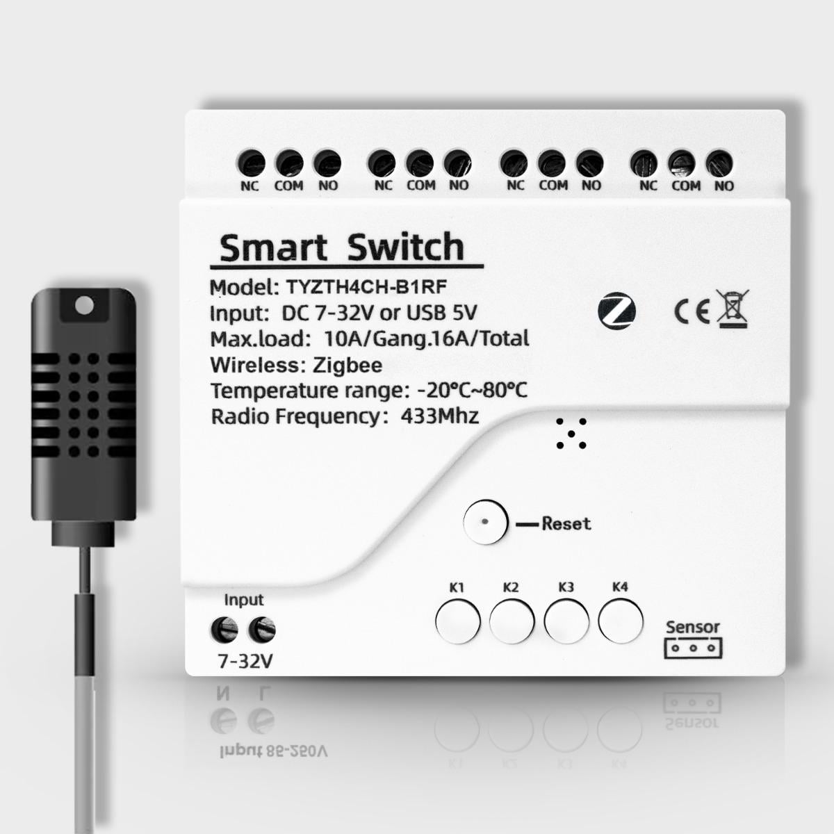 Реле четырехканальное ZigBee с сухим контактом и датчиком температуры и влажности Tuya DC 7-32V (WH00839)
