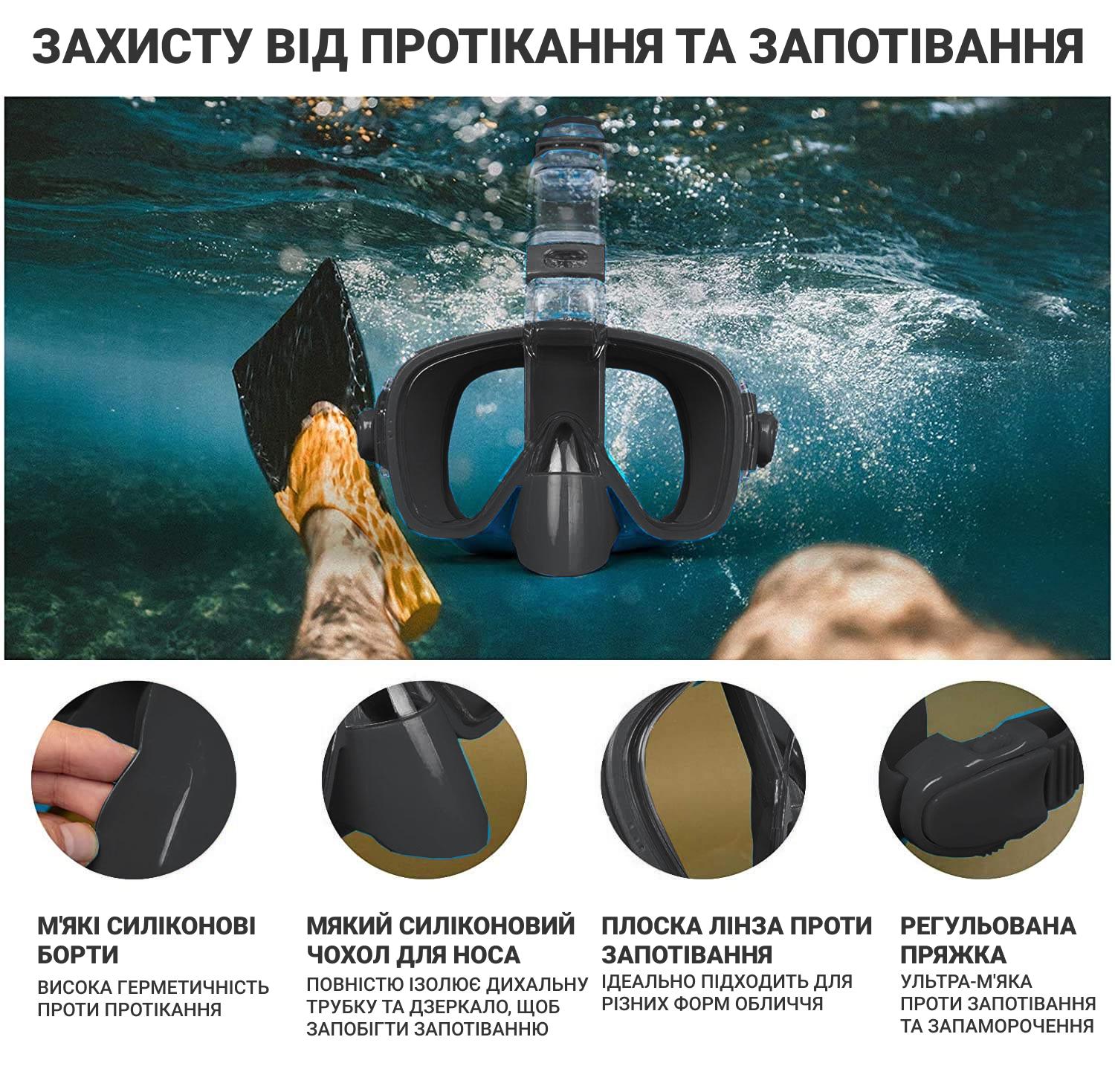 Маска для плавания Vela Sport Pro Wave 3в1 с трубкой L/XL Черный (00564) - фото 8