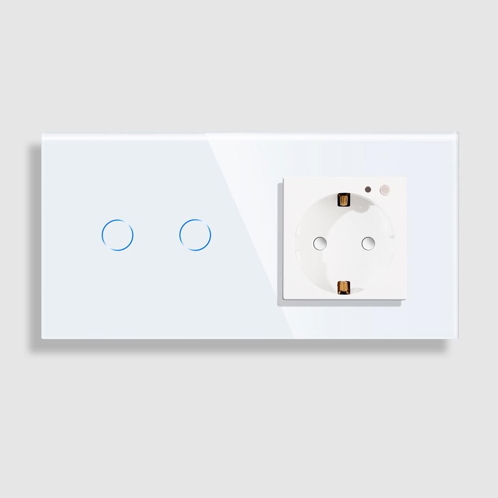 Выключатель и розетка Wifi комплект сенсорный Tuya smart 2 клавиши Белый (WH00574)