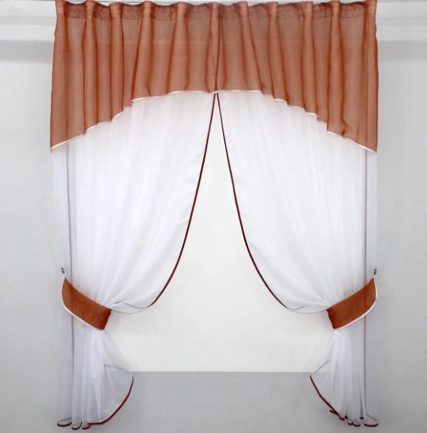 Шторки на кухню с ламбрекеном 270х170 см Белый/Терракотовый (084к)