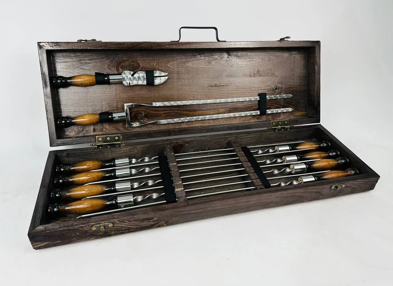 Набір шампурів у кейсі Преміум середній дерев'яний з нержавіючої сталі (2-10-KS-7612) - фото 5 Набір шампурів у кейсі Преміум середній дерев'яний з нержавіючої сталі (2-10-KS-7612) - фото 5