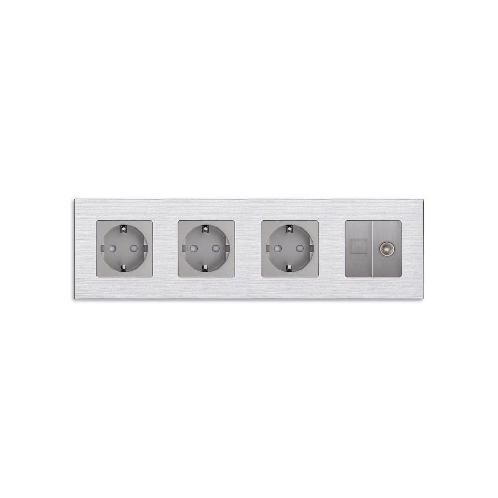 Розетка четырехместная WALLPAD силовая/интернет RJ-45/ТВ настенная алюминиевая рамка Серый (WP-M4FCAT6PTY-GY)